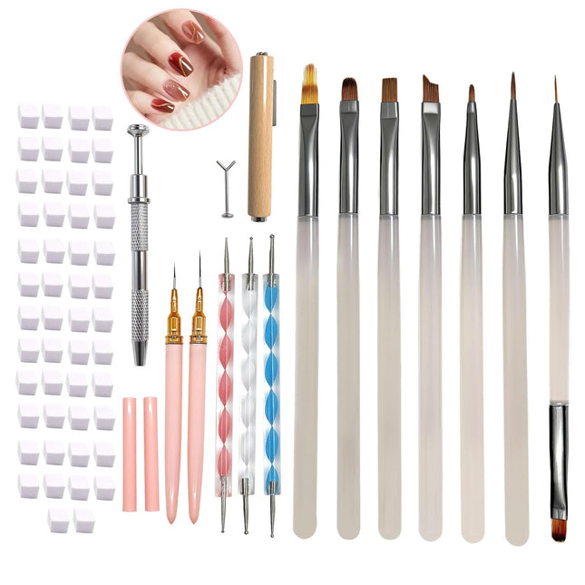 65-Piece Nail Art Tools Set with Brushes, Dotting Pens, Cat Eye Magnet and Sponges