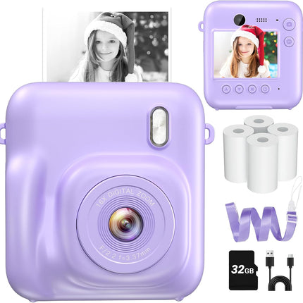 Purple Dual-Lens Kids Instant Print Camera with 1080P Digital Camera and 32GB Card