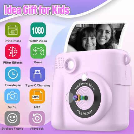 Purple Instant Print Camera for Kids with 32GB SD Card