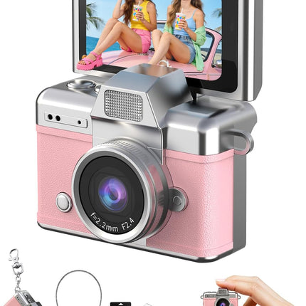 Mini Keychain Camera, 1080P Portable Digital Camera with Flip LCD & Flash, Pink 32GB