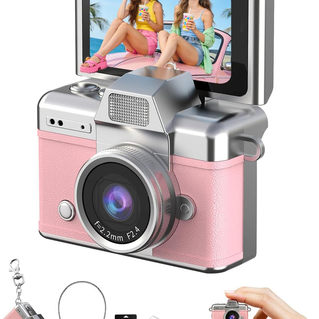 Mini Keychain Camera, 1080P Portable Digital Camera with Flip LCD & Flash, Pink 32GB