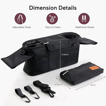 Universal Stroller Organizer with Insulated Cup Holder, Detachable Phone Bag & Shoulder Strap