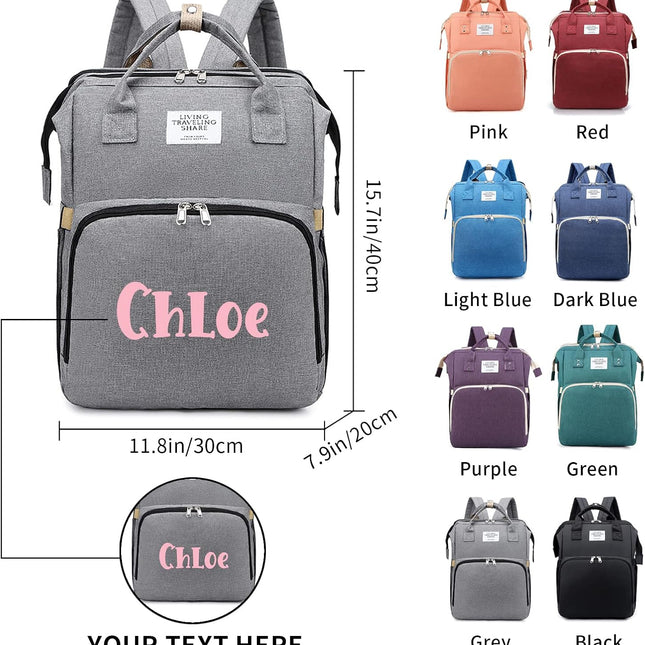 Personalized 3-in-1 Grey Diaper Bag Backpack with Changing Station
