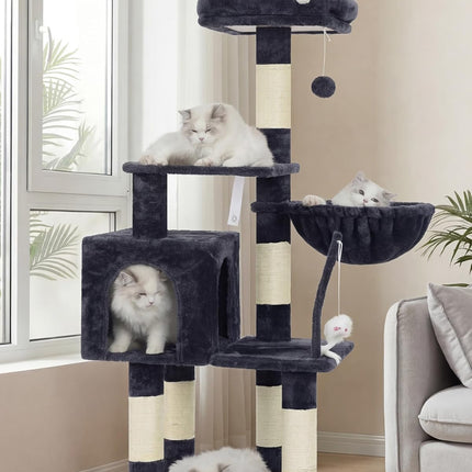 Smoky Gray Indoor Cat Tree with Toy, Plush Perch, Hammock and Sisal Scratching Posts