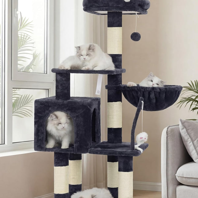 Smoky Gray Indoor Cat Tree with Toy, Plush Perch, Hammock and Sisal Scratching Posts
