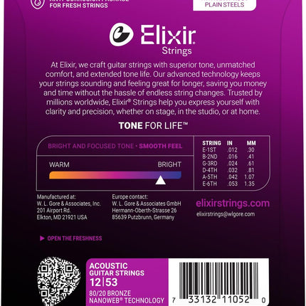 80/20 Bronze Acoustic Guitar Strings with Coated Long-Lasting Tone, Light 12-53
