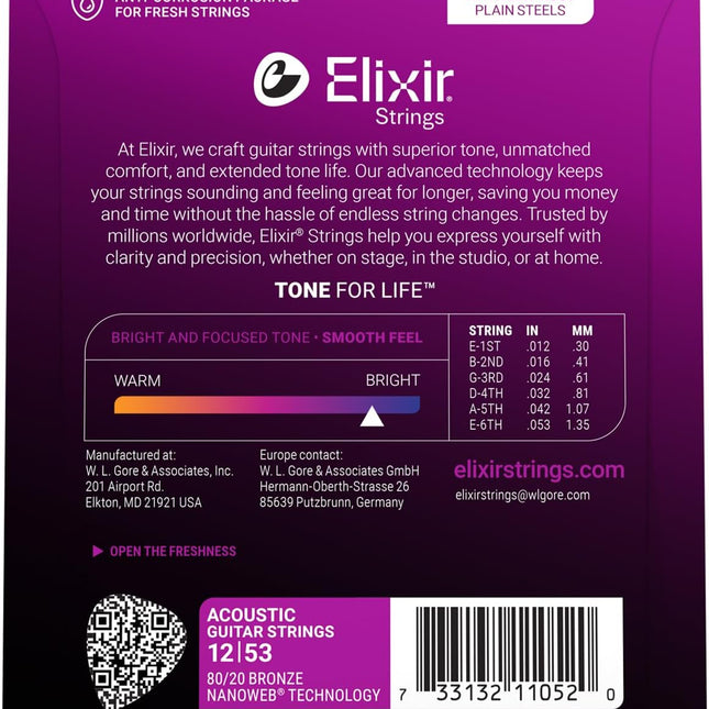 80/20 Bronze Acoustic Guitar Strings with Coated Long-Lasting Tone, Light 12-53