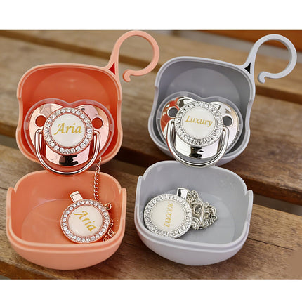 LittleNest NidoPequeño Pacifier with Name, Bling Gold Pacifier Clip Set Storage Box — Baby & Toddler