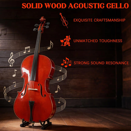 4/4 Full Size Acoustic Cello Kit for Adults, Students & Beginners - Red
