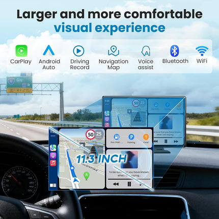 Portable Apple Carplay Screen for Car, 11.3" Extra Large Wireless Car Play & Android Auto Screen for Car, Car Stereo with 4K Dash Cam, App View, Backup Camera,GPS,Mirror Link,FM, Voice Control