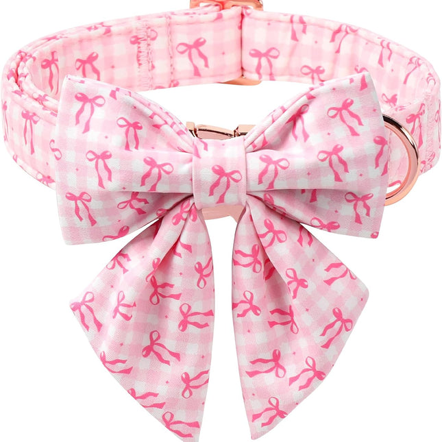 Girl Dog Collar with Pink Lady Bow and Adjustable Metal Buckle