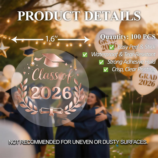 100pcs Class of 2026 Clear Rose Gold Foil Graduation Stickers