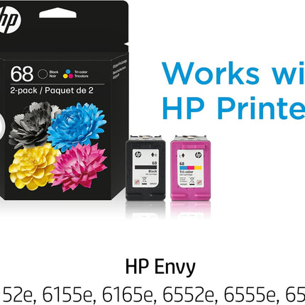68 Black/Tri-Color Ink Cartridges (2-Pack) | Works with Envy 6100e, 6500e Series | 6L6S2TN | Packaging May Vary