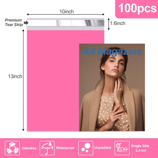 Pink Poly Mailers 10x13 Inch, 100 Count Self-Seal Shipping Bags