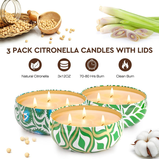 Large 36 oz Citronella 3-Wick Soy Wax Jar Candle for Outdoor and Indoor Use