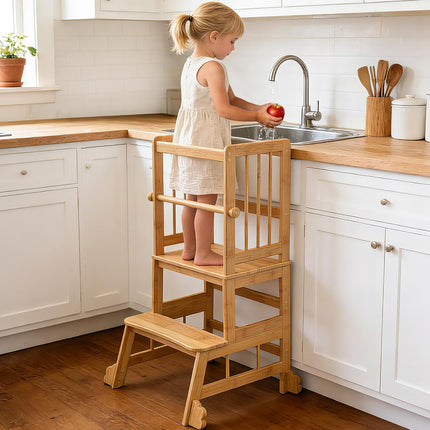 Kids Bamboo Kitchen Step Stool with Safety Rails & Anti-Slip Feet