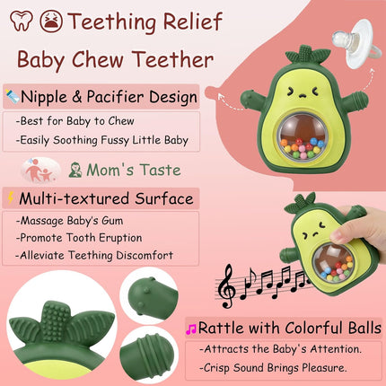 Green Silicone Avocado Baby Teething Mitten Rattle Toy
