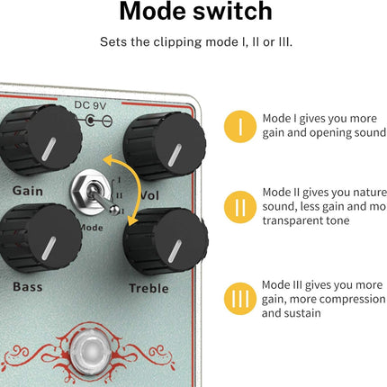 Drive Overdrive Pedal for Electric Guitar with 2-Band EQ and Boost