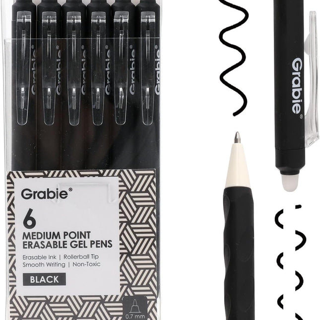 Erasable Gel Pens, Medium Point 0.7 mm, Pack of 6, Black