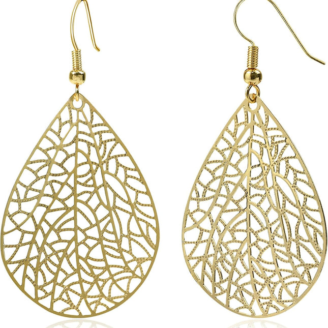 14K Gold Plated Silver Rose Gold Teardrop Filigree Dangle Earrings