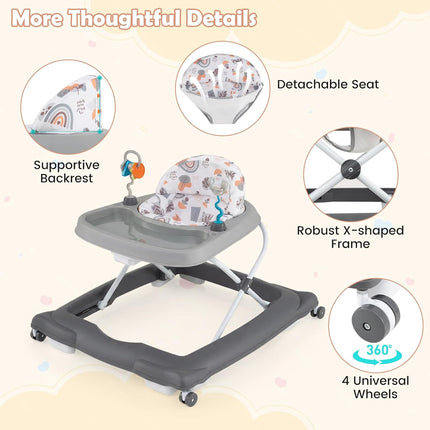 BABY JOY Baby Walker, Foldable Activity Walker with Adjustable Height, Large Tray & Removable Toys, Baby Walker with Wheels for Boys Girls 6-12 Months (Gray)