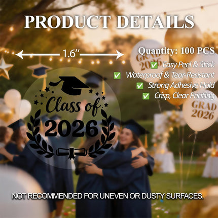 100pcs Class of 2026 Clear Waterproof Graduation Stickers