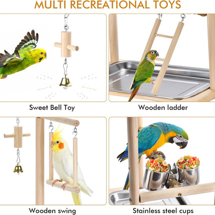 Natural Wood Parrot Playground Perch Stand with Cups