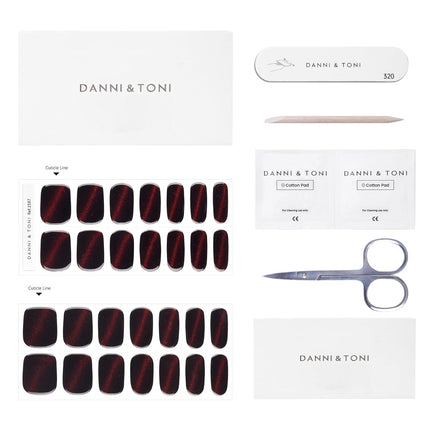 Semi-Cured Gel Nail Strips Dark Red Cat Eye Magnetic Wraps, 28 Stickers