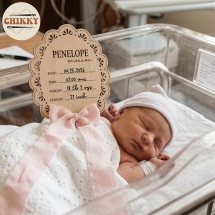 LittleNest NidoPequeño Wooden Baby Announcement Sign with Chiffon Bow - Custom Birth Stats Name Plate — Baby & Toddler