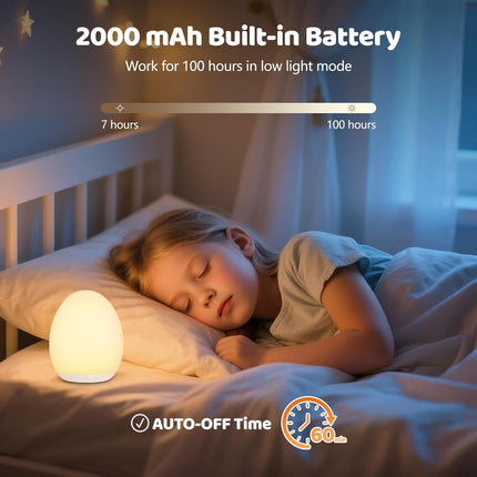 Kids Egg Night Light with 7 Colors, Dimming, Timer, Rechargeable Silicone Lamp
