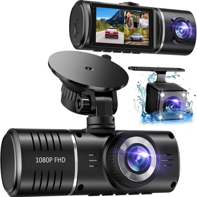 1080P 3-Channel Dash Cam with Front, Rear and Inside Recording