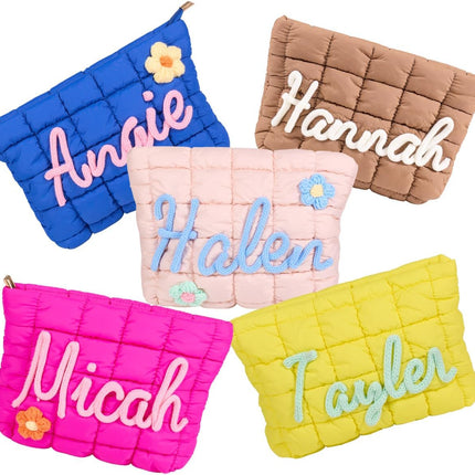 GlowEssence EsenciaLuz Quilted Makeup Bag with 3D Rope Embroidery, Custom Name Puffer Cosmetic — Beauty & Self-Care