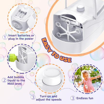White Automatic Bubble Machine with 2 Speeds and 6 Wands
