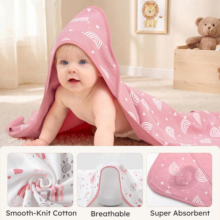 Baby Girl 100% Cotton Hooded Bath Towels, 2 Pack, Pink Rainbow