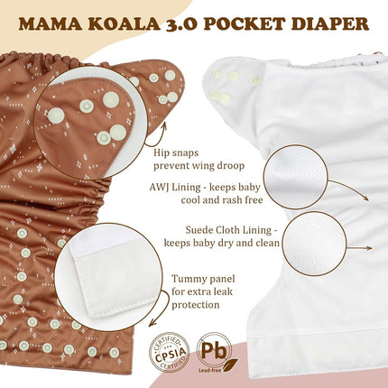 3.0 Pocket Cloth Diapers for Babies with AWJ Lining, 6 Pack with Inserts - Simply Neutrals
