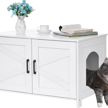White Wooden Cat Litter Box Enclosure with Barn Door