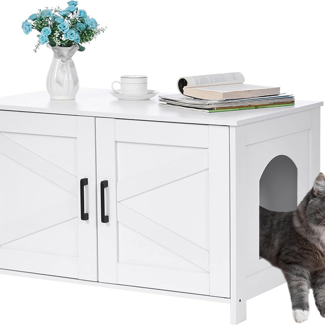 White Wooden Cat Litter Box Enclosure with Barn Door