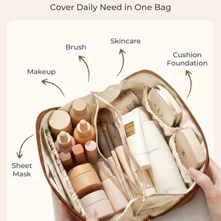 Large Wide-Open PU Leather Travel Makeup Bag in Classic Brown