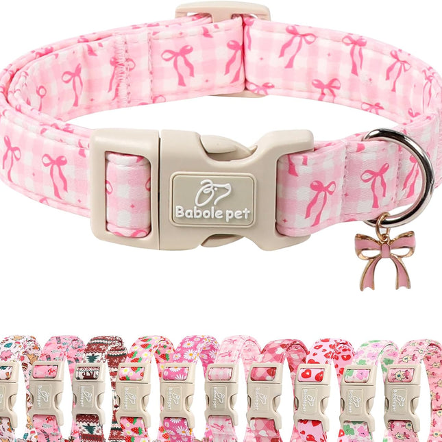 Pink Plaid & Bow Adjustable XS Dog Collar for Puppies and Small Dogs