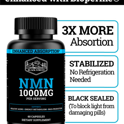 Black Forest NMN 1000mg 60 capsules anti-aging NAD+ supplement close-up view