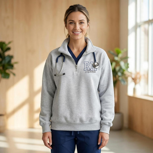 Custom Name Nurse Embroidered Quarter-Zip Sweatshirt with Title - Style 9