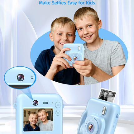 Blue Dual-Lens Instant Print Kids Camera with 1080P Video and 32GB Card