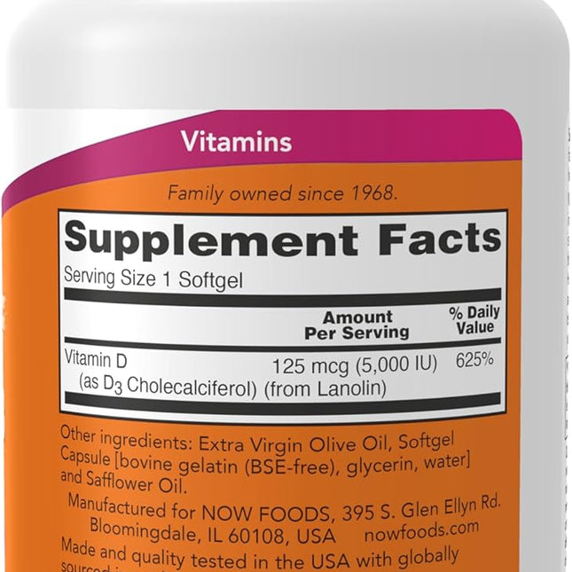 NOW Foods Vitamin D3 supplement facts label