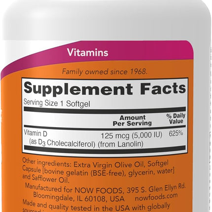 NOW Foods Vitamin D-3 5000 IU — 240 Softgels, High Potency - view 2