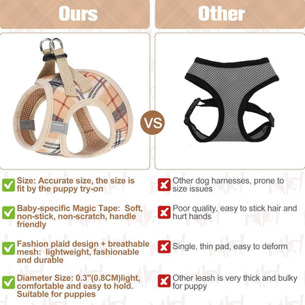 Beige Plaid Step-In Soft Mesh Dog Harness and Leash Set for Small Pets