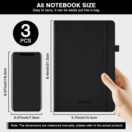 SourcetoHome (3 Pack) Lined Journal Notebook with Pen, A5 (5.7"x8.4") Leather Hardcover Journaling Notebooks for Women Men Work, 160 Pages per Note Book, 100GSM Paper, School Office Supplies, Black - General - detail view 4
