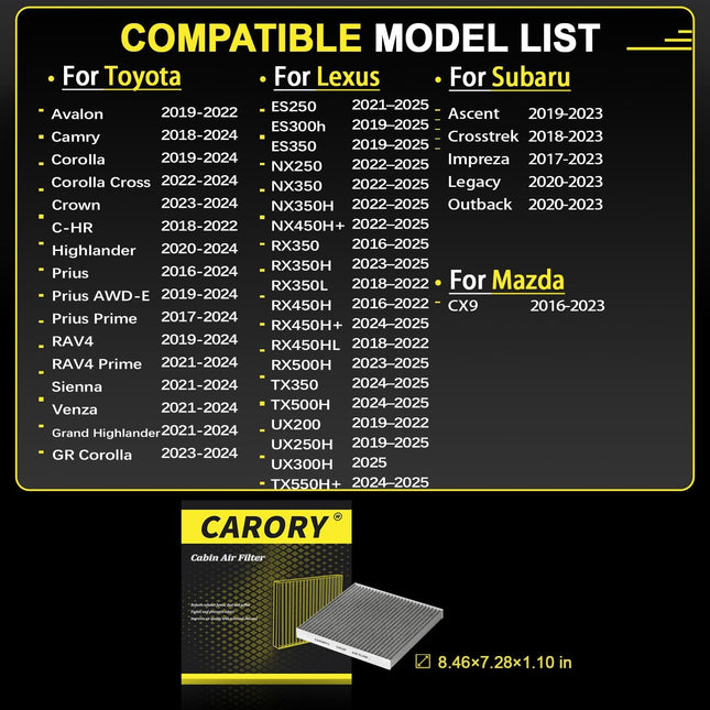 Activated Carbon Cabin Air Filter for Select Passenger Vehicles