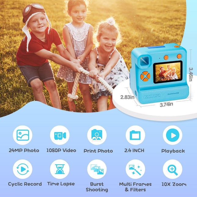 Kids Instant Print Camera with FHD Selfie Video, Blue