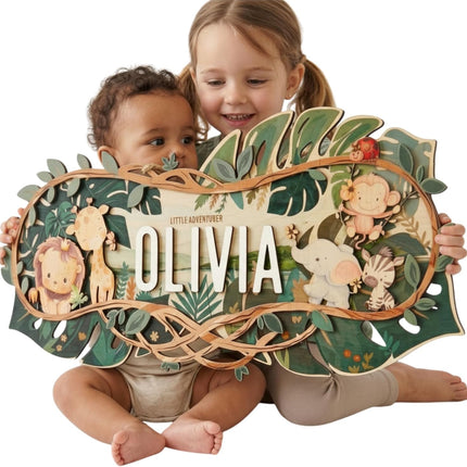 LittleNest NidoPequeño Safari Nursery Name Sign - Personalized Wooden Baby Name Sign with Jungle — Baby & Toddler