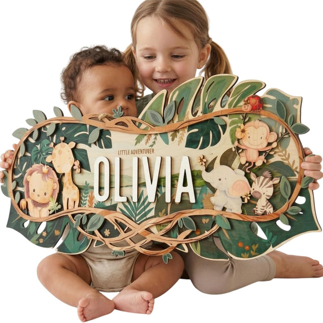 LittleNest NidoPequeño Safari Nursery Name Sign - Personalized Wooden Baby Name Sign with Jungle — Baby & Toddler